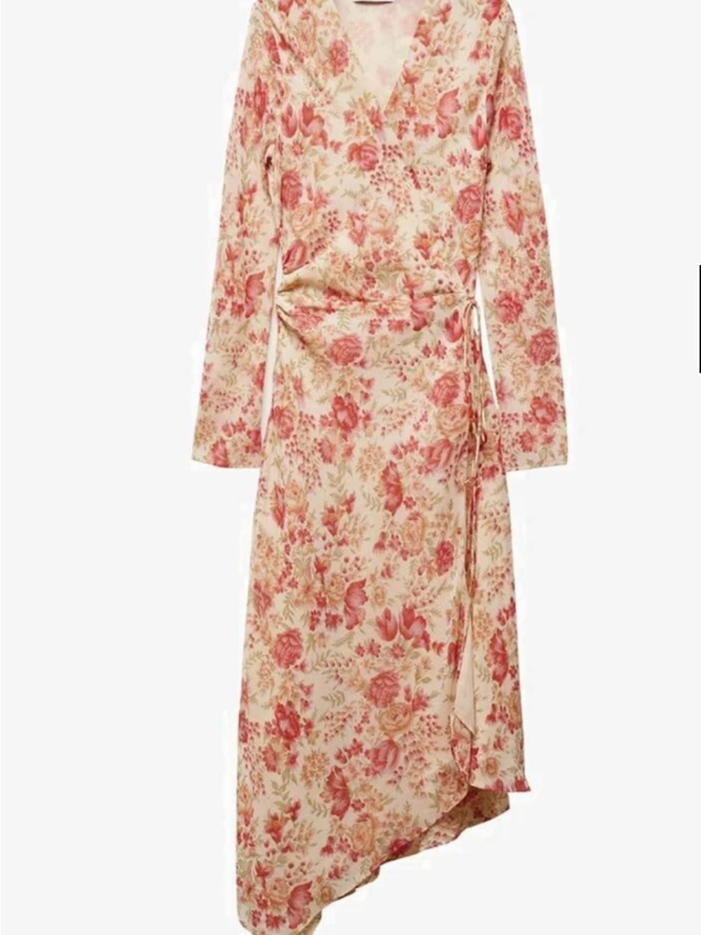 NWT Mango wrap Floral dress with asymmetrical hem Long Sleeve Cream & Dusty Rose